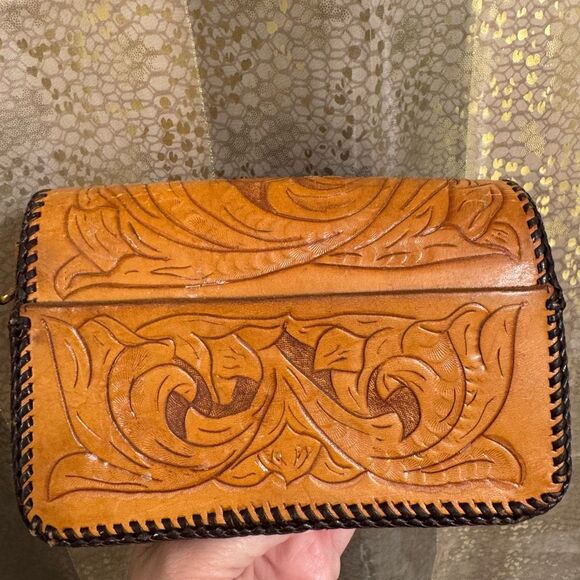 Vintage Brown Boho Hand Tooled Leather Mini Satchel Purse Without A Strap - Picture 2 of 7